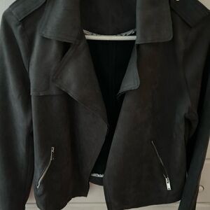 TAHARI Faux Leather Women's Charcoal Blazer/Jacket OPEN FRONT with zippers-Snaps